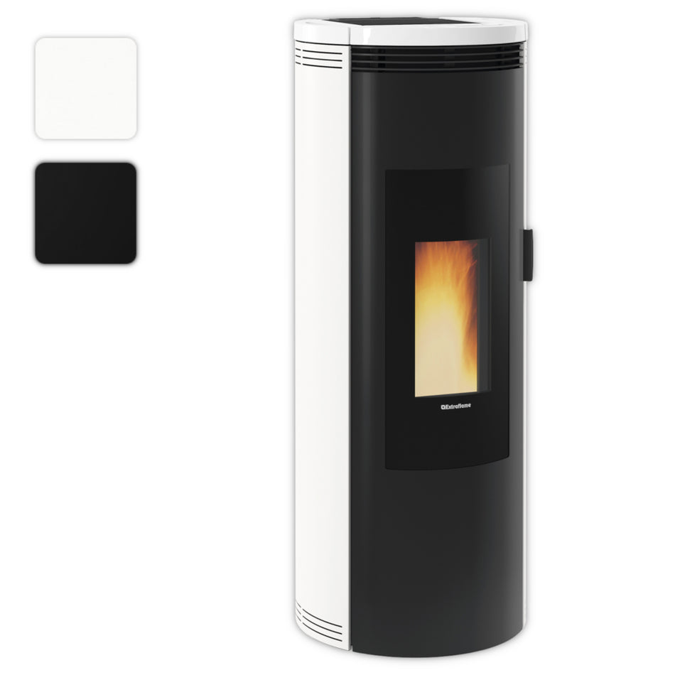 Farbwahlbild: Extraflame Pelletofen AMIKA EVO in Schwarz-Weiss mit gebogener Front, Sichtfenster und seitlichem Griff | Klimaworld.com
