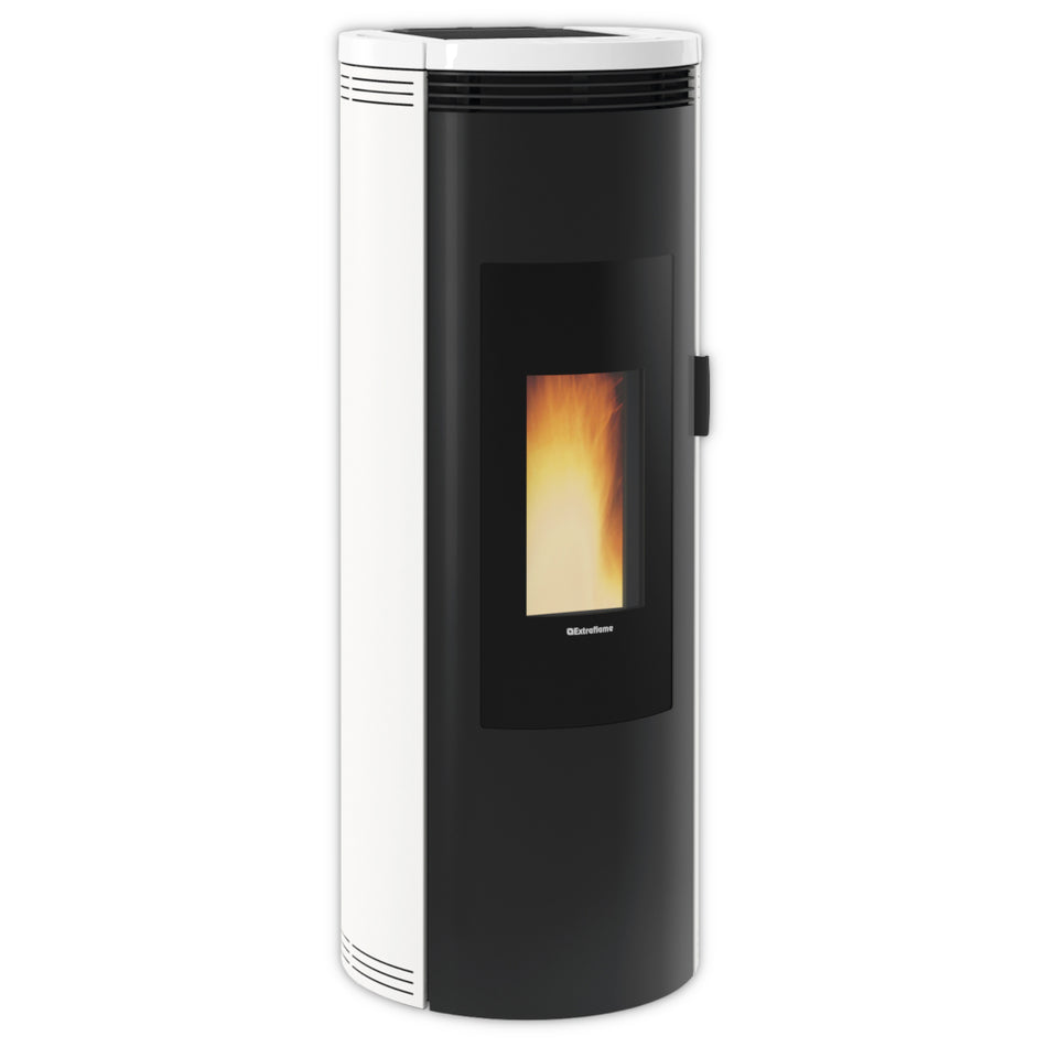 Extraflame Pelletofen AMIKA EVO in Schwarz-Weiss mit gebogener Front, Sichtfenster und seitlichem Griff | Klimaworld.com