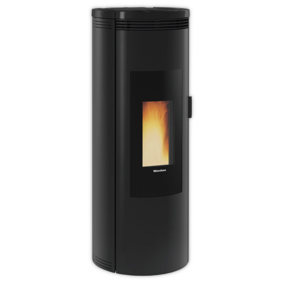 Extraflame Pelletofen AMIKA EVO in Schwarz mit gebogener Front, Sichtfenster und seitlichem Griff | Klimaworld.com
