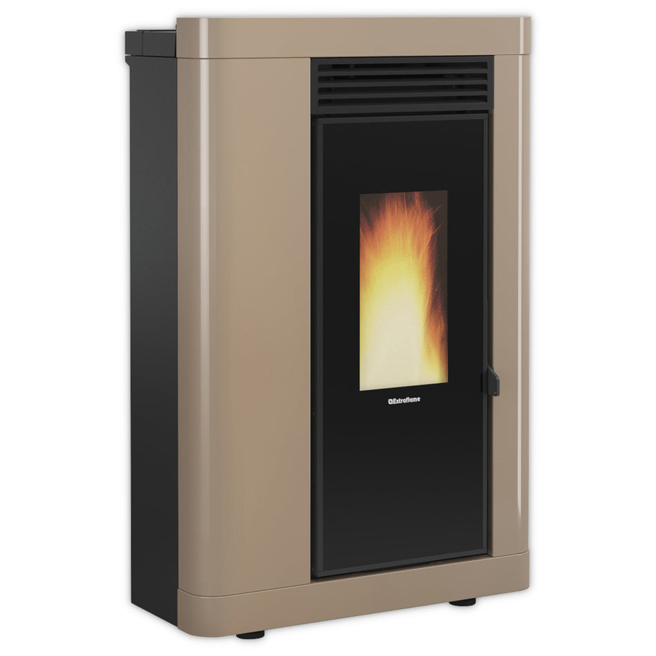 schmaler Extraflame Pelletofen ANNABELLA AD EVO in matt Taupe mit schwarzer Front und hohem Sichtfenster mit Flamme, abgerundete Seiten | Klimaworld.com
