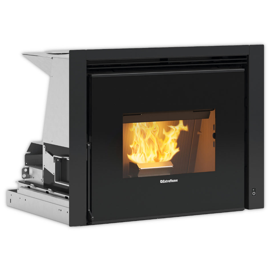 Extraflame beluefteter Pellet-Kamineinsatz COMFORT P70 AIR mit schwarzer Front, Sichtfenster und Flamme | Klimaworld.com