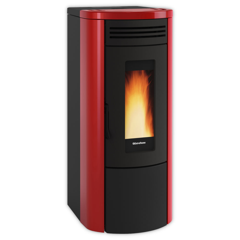 Extraflame COSTANZA IDRO 5.0 Pelletofen in Rot mit schmaler Sichtscheibe, sichtbare Flammen | Klimaworld.com
