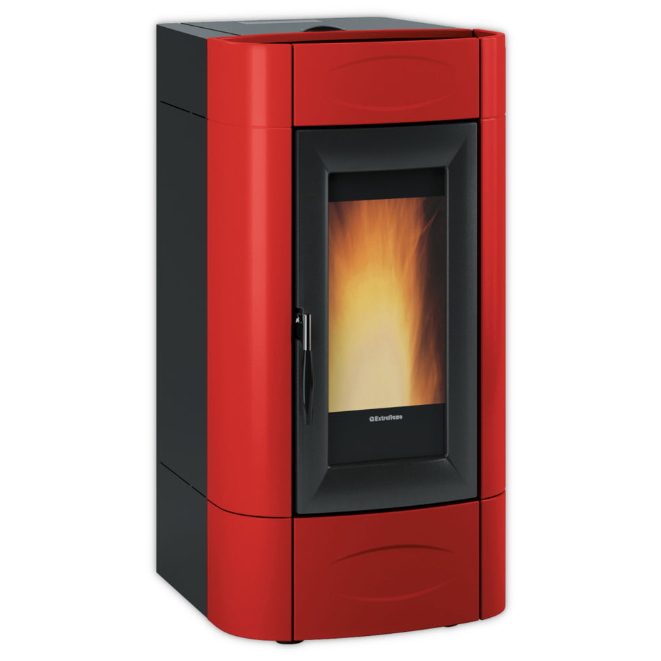 Extraflame ISIDORA IDRO H16 Pelletofen in Bordeaux mit grosser Sichtscheibe und Flamme, verziertes Majolika | Klimaworld.com