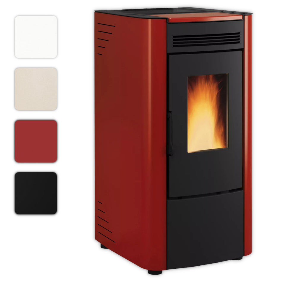 Farbwahlbild: Extraflame Ketty 5.0 Pelletofen mit roter Front, schwarze Tuer und Flammen in Sichtfenster, abgerundete Seiten | Klimaworld.com