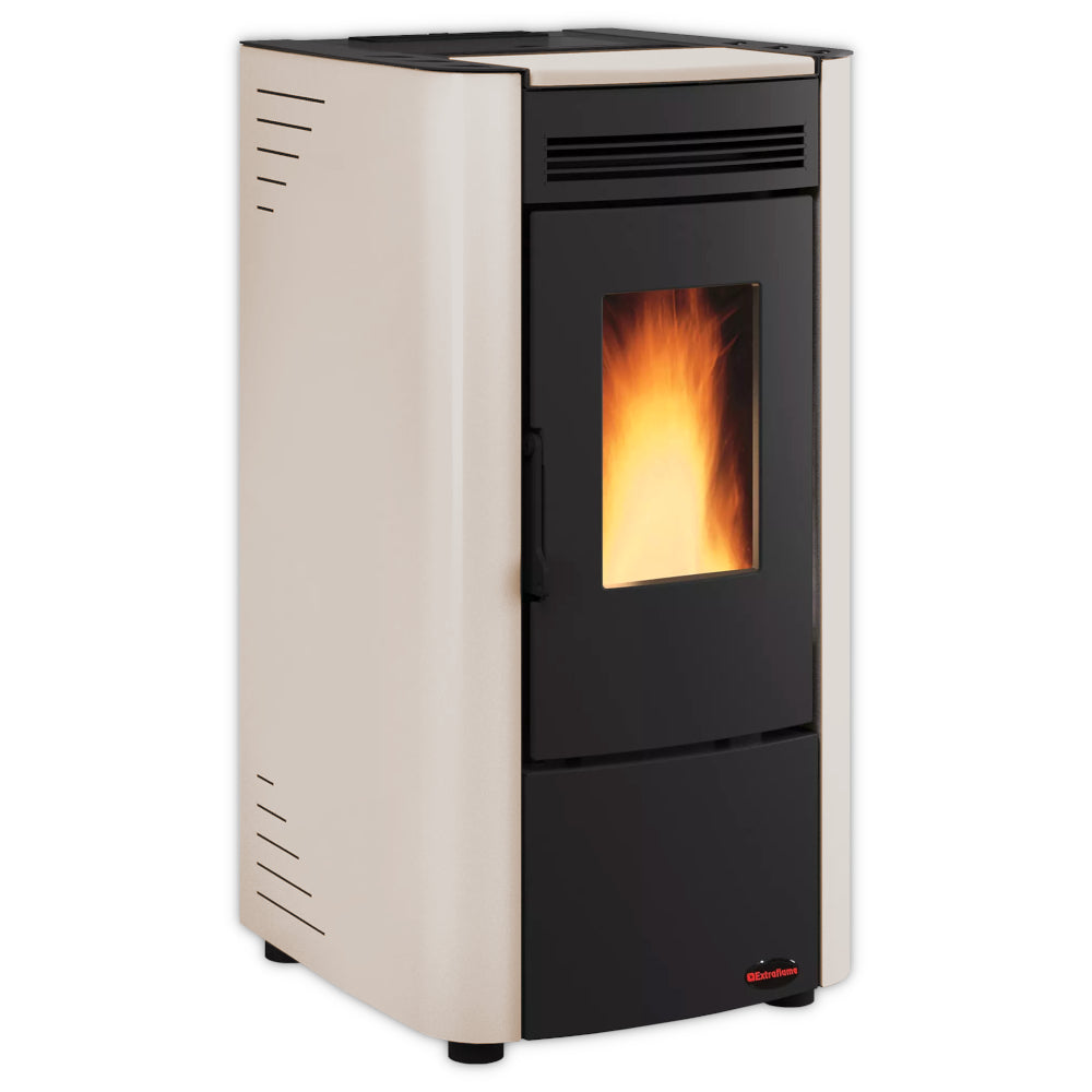 Extraflame Ketty 5.0 Pelletofen mit cremefarbenen abegrundeten Seiten, schwarzer Front und Flammen in Sichtfenster | Klimaworld.com