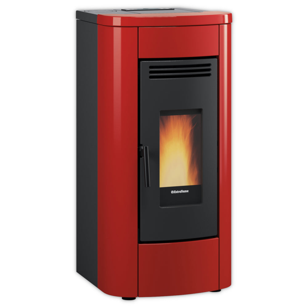 Extraflame Klaudia 5.0 EVO Pelletofen in Rot-Schwarz mit Sichtfenster und sichtbarer Flamme, abgerundete Seiten | Klimaworld.com