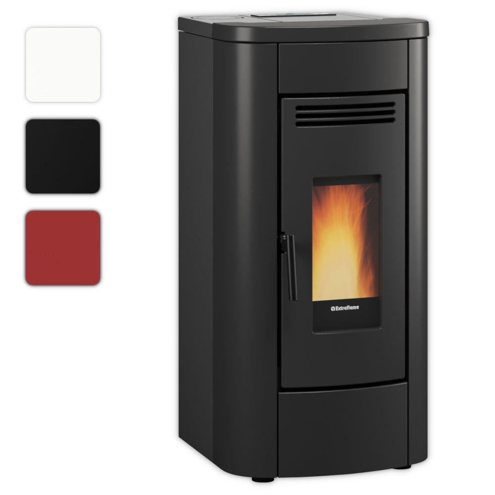Farbwahlbild: Extraflame Klaudia 5.0 EVO Pelletofen in Matt-Schwarz mit Sichtfenster und sichtbarer Flamme, abgerundete Seiten | Klimaworld.com
