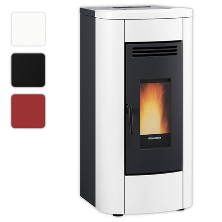 Farbwahlbild: Extraflame Pelletofen KLAUDIA PLUS 5.0 EVO in Weiss mit schwarzer Front, Sichtfenster mit heller Flamme | Klimaworld.com

