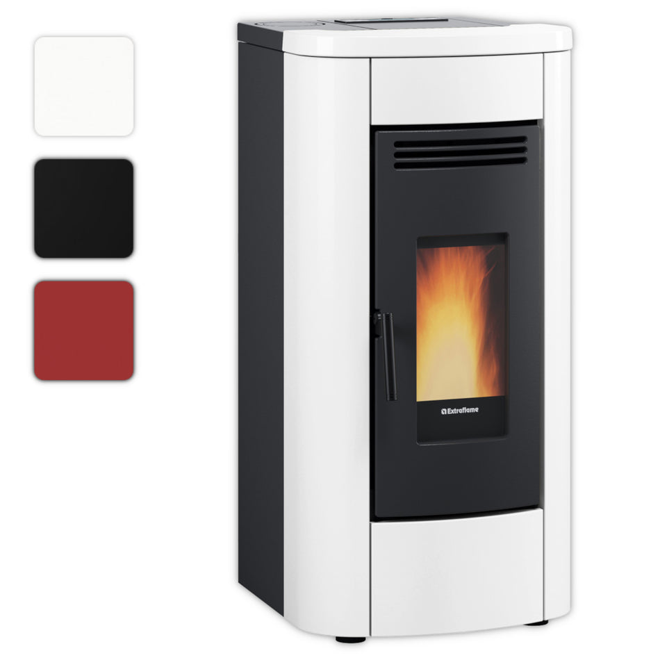 Farbwahlbild: Extraflame Pelletofen KLAUDIA PLUS 5.0 EVO in Weiss mit schwarzer Front, Sichtfenster mit heller Flamme | Klimaworld.com

