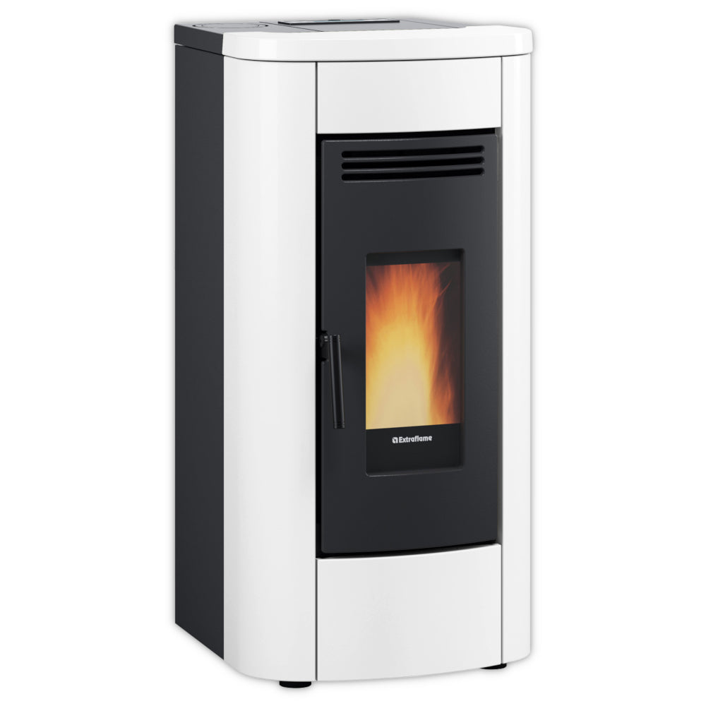 Extraflame Pelletofen KLAUDIA PLUS 5.0 EVO in Weiss mit schwarzer Front, Sichtfenster mit heller Flamme | Klimaworld.com
