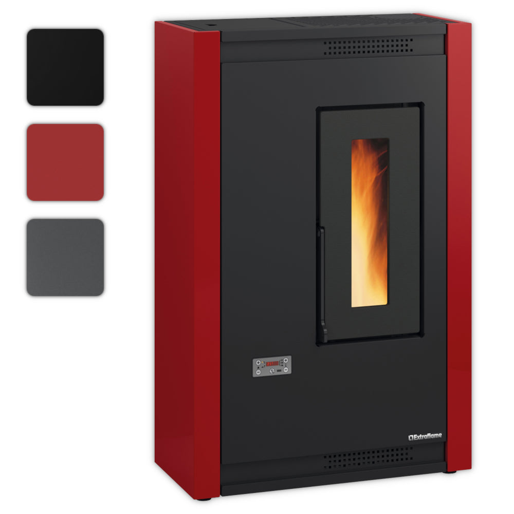 Farbwahlbild: Extraflame beluefteter Pelletofen | LUISELLA 5.0 Schwarze Front, rote Seiten, Fenster mit Flamme unten | Klimaworld.com