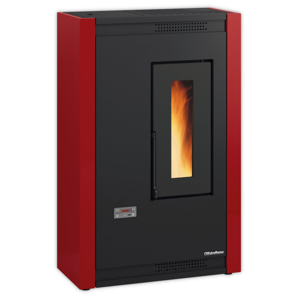 Extraflame beluefteter Pelletofen | LUISELLA 5.0 Schwarze Front, rote Seiten, Fenster mit Flamme unten | Klimaworld.com
