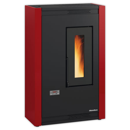 Extraflame beluefteter Pelletofen | LUISELLA 5.0 Schwarze Front, rote Seiten, Fenster mit Flamme unten | Klimaworld.com
