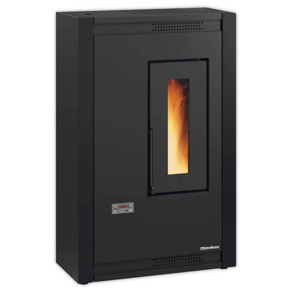 Extraflame beluefteter Pelletofen | LUISELLA 5.0 Schwarze Front, schwarze Seiten, Fenster mit Flamme unten | Klimaworld.com
