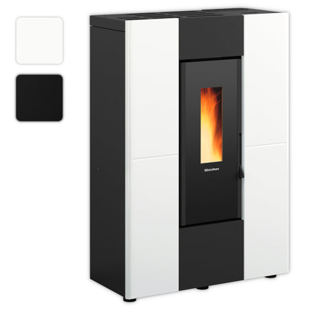 Farbwahlbild: schlanker Extraflame kanalisierter Pelletofen MARILENA PLUS 5.0.16 schwarz-weisse Front mit schmalem Sichtfenster | Klimaworld.com
