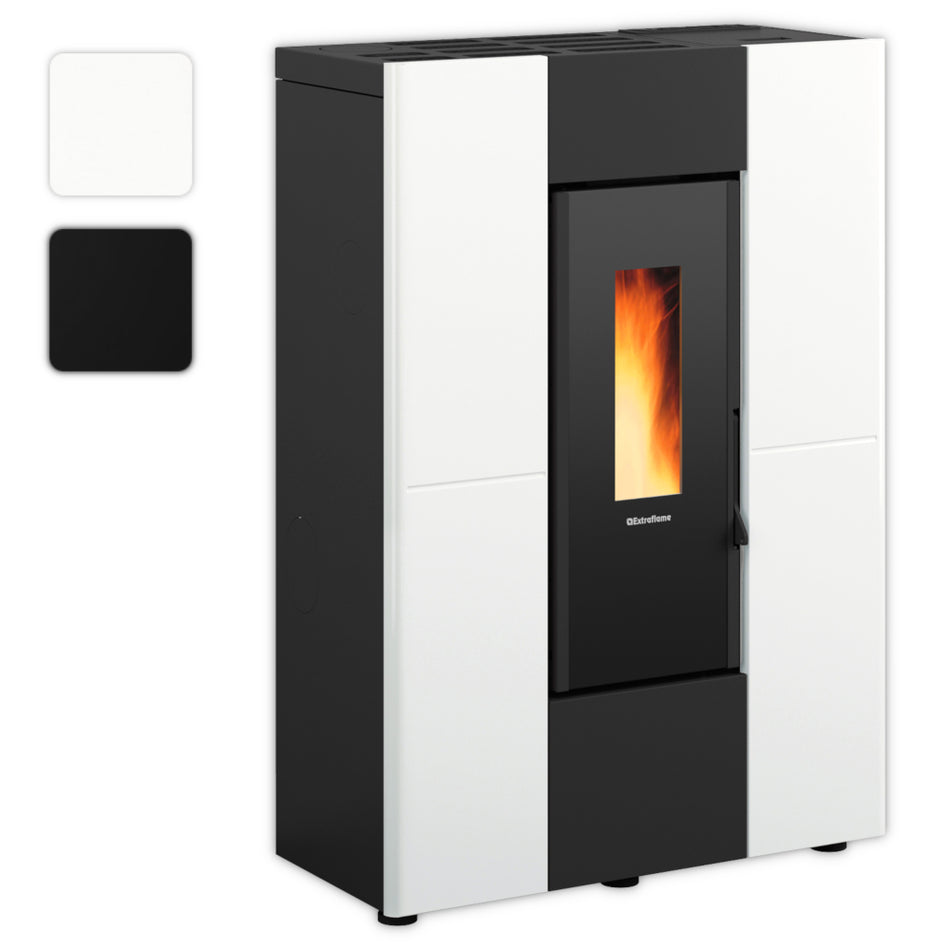 Farbwahlbild: schlanker Extraflame kanalisierter Pelletofen MARILENA PLUS 5.0.16 schwarz-weisse Front mit schmalem Sichtfenster | Klimaworld.com
