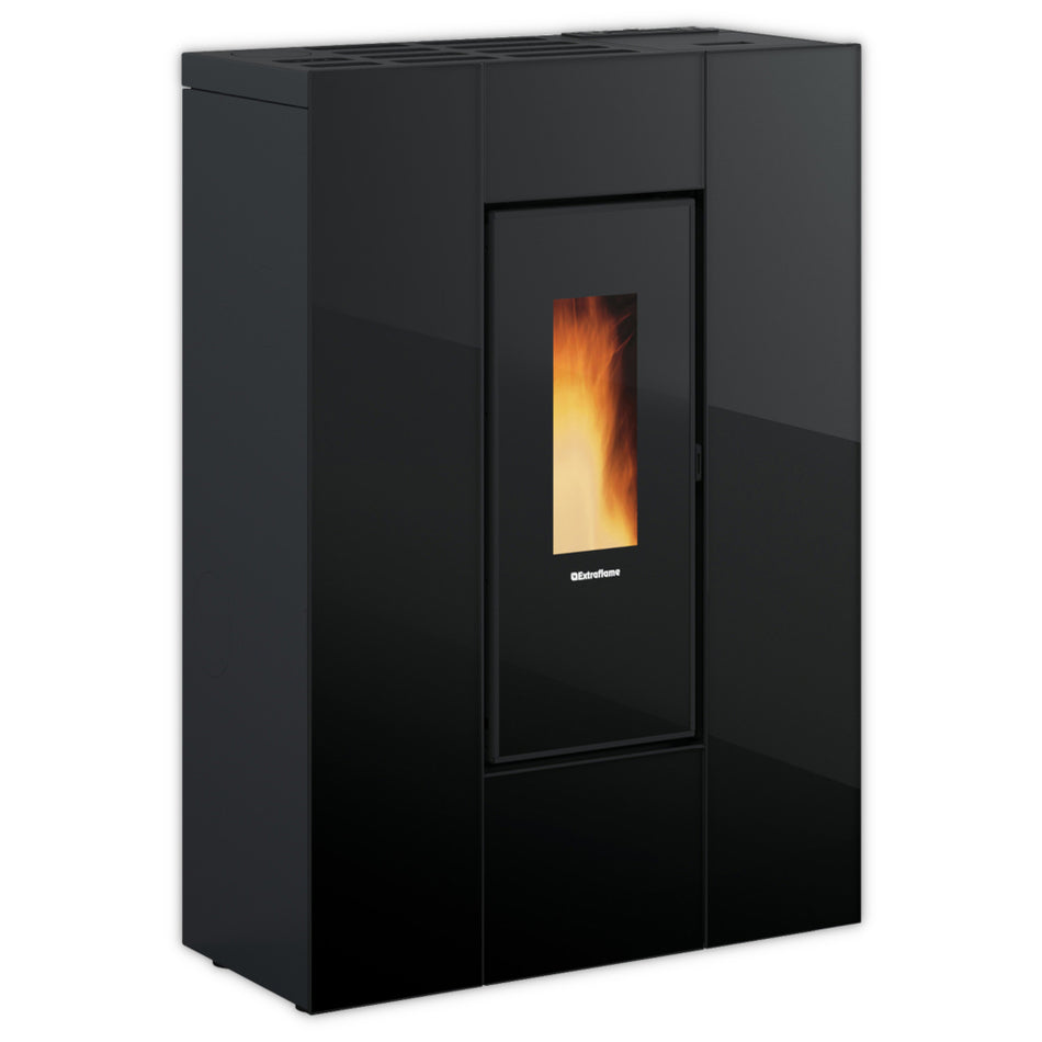 Farbwahlbild: schlanker Extraflame kanalisierter Pelletofen MARILENA PLUS CRYSTAL 5.0.16 schwarzer Glasfront mit schmalem Sichtfenster | Klimaworld.com
