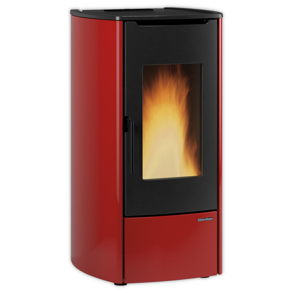 Extraflame MARINA IDRO H11 roter wasserfuehrender Pelletofen, Sichtfenster mit Flammenbild, abgerundete Seiten | Klimaworld.com