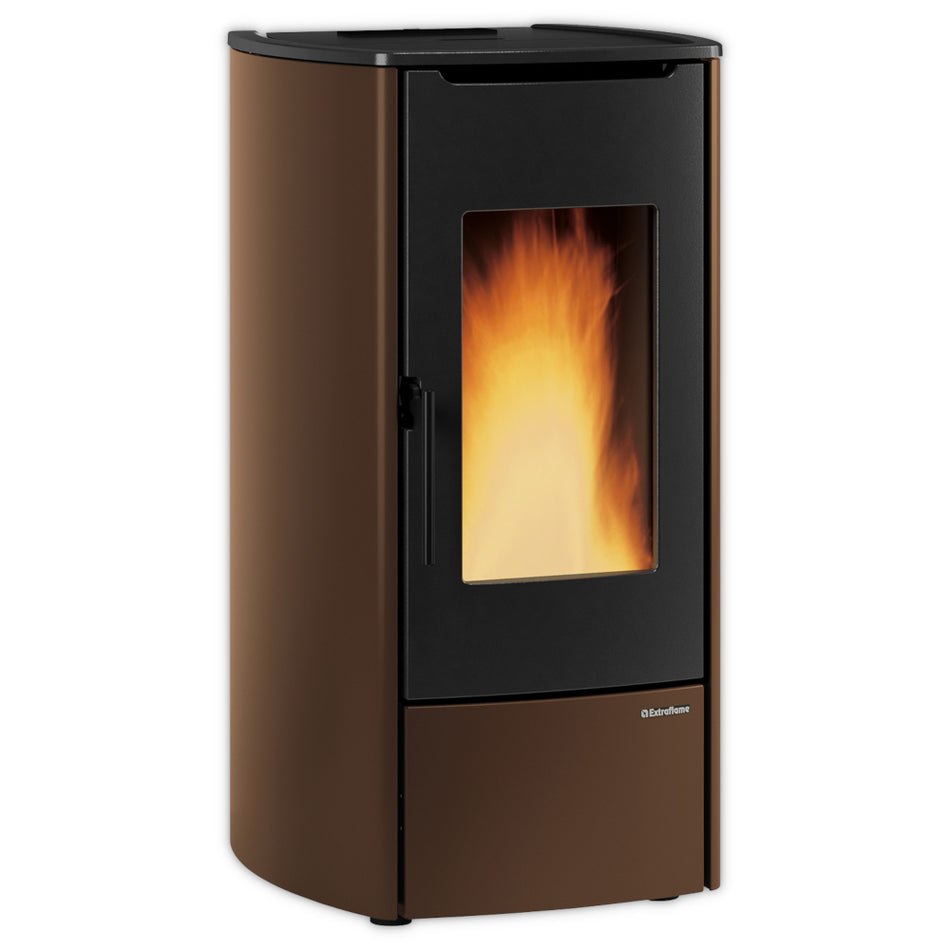 Extraflame MARINA IDRO H11 bronzefarbener wasserfuehrender Pelletofen, Sichtfenster mit Flammenbild, abgerundete Seiten | Klimaworld.com