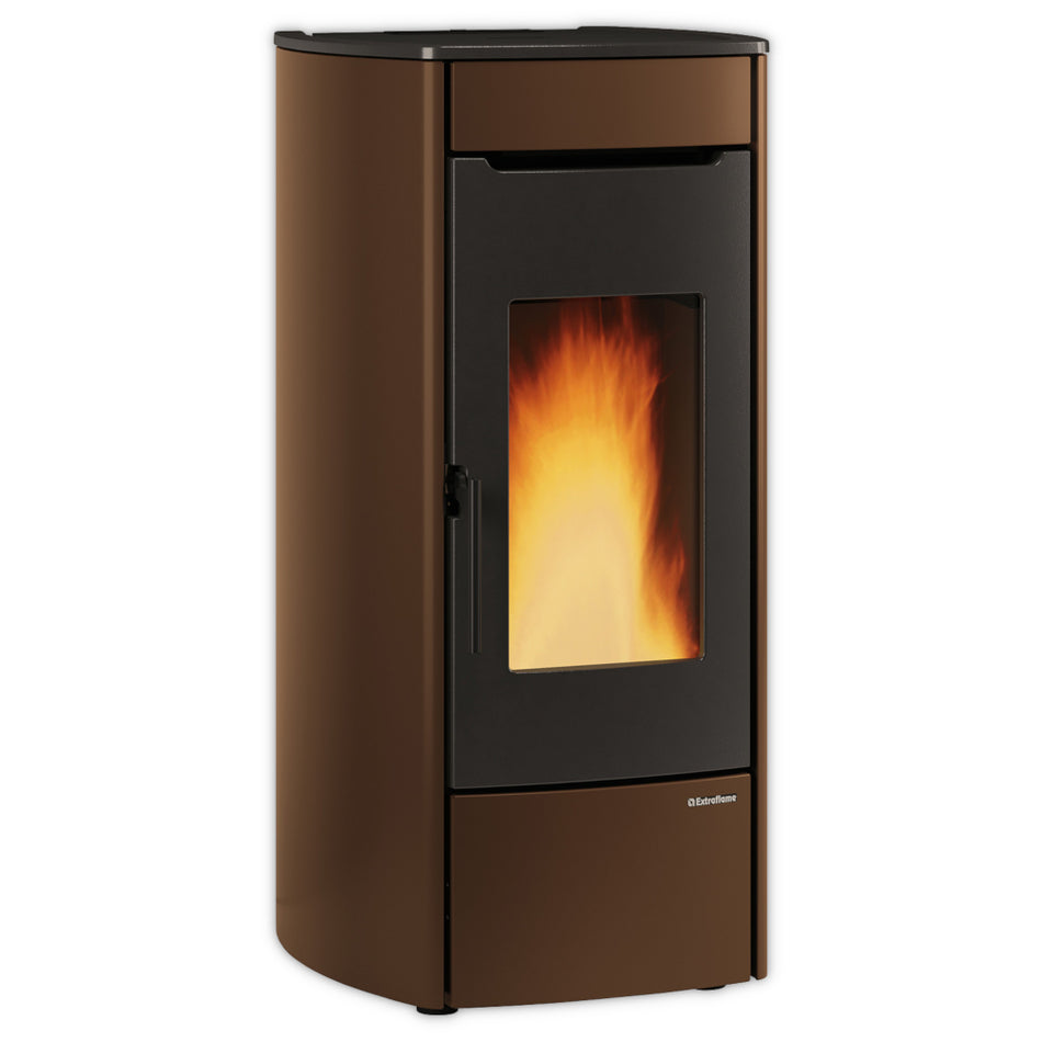 Extraflame MARINA IDRO H13 bronzefarbener wasserfuehrender Pelletofen, Sichtfenster mit Flammenbild, abgerundete Seiten | Klimaworld.com