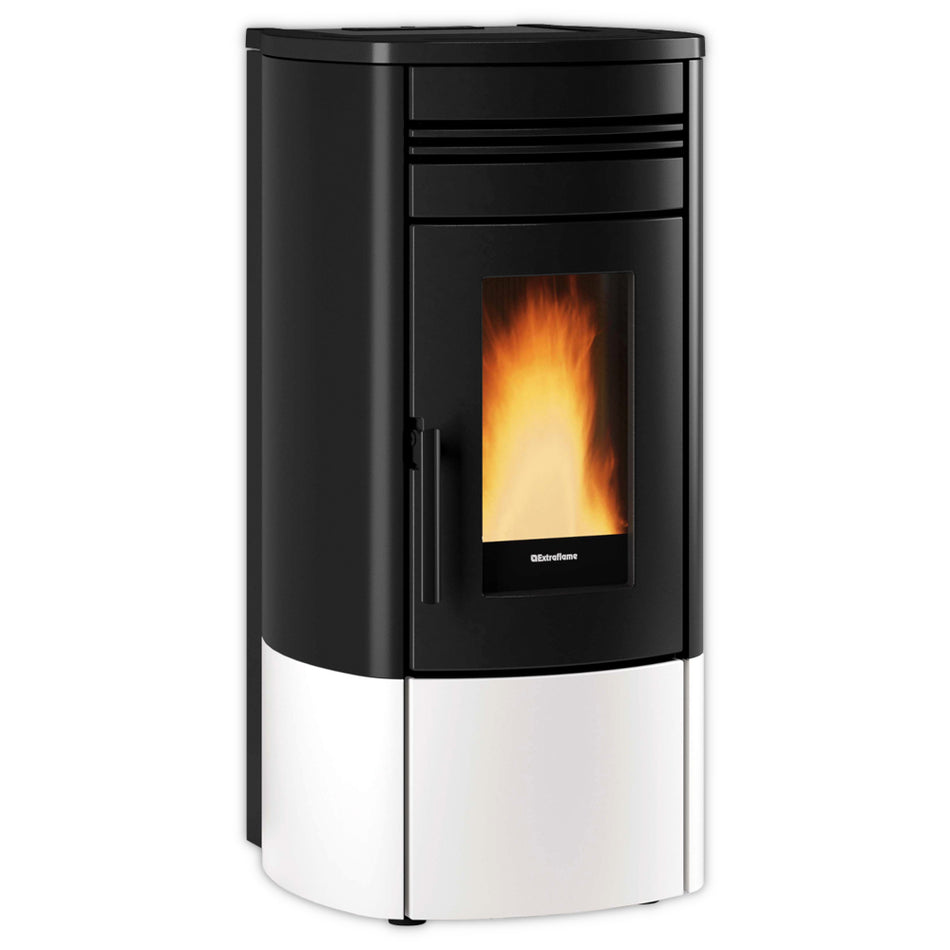 Extraflame kanalisierter Pelletofen NORIS PLUS schwarz weiss, rundes Gehaeuse, Tuer mit Flamme | Klimaworld.com