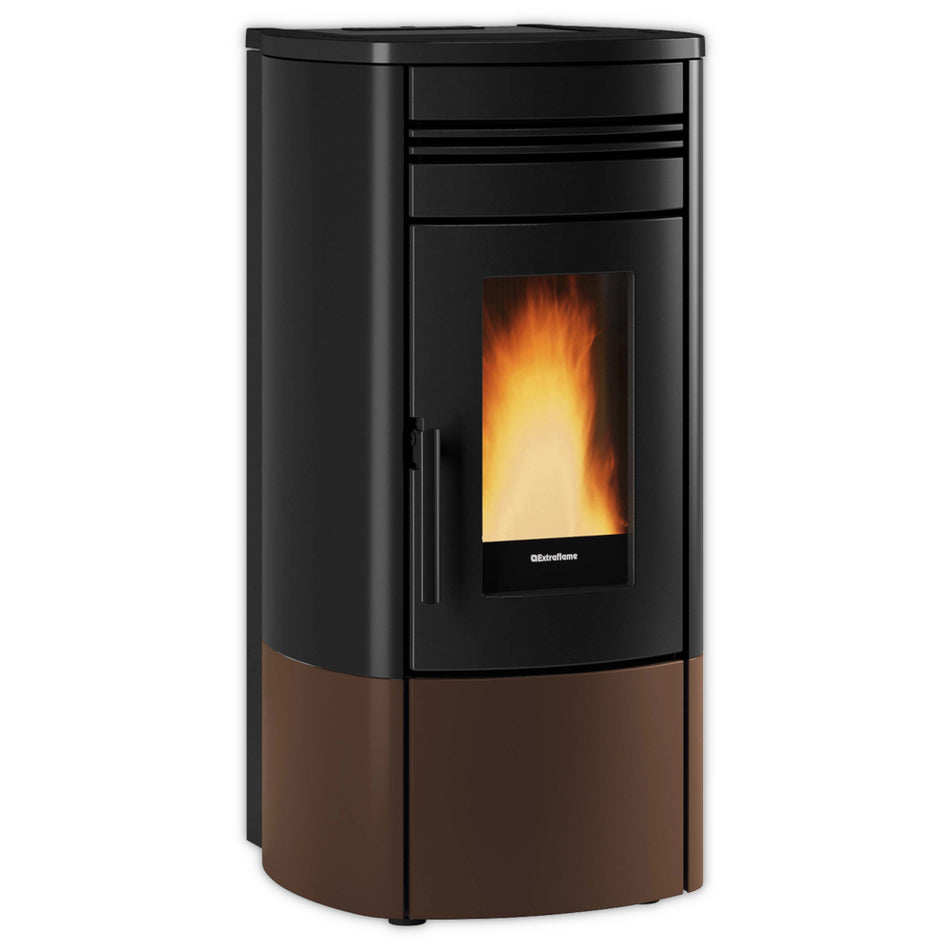 Extraflame beluefteter Pelletofen NORIS, bronze-schwarz, Sichtfenster mit Flamme, abgerundete Form | Klimaworld.com