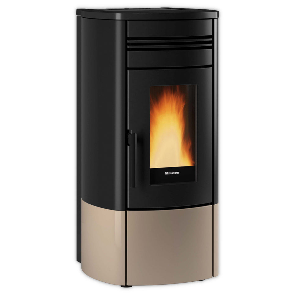 Extraflame kanalisierter Pelletofen NORIS PLUS schwarz-taupe, rundes Gehaeuse, Tuer mit Flamme | Klimaworld.com