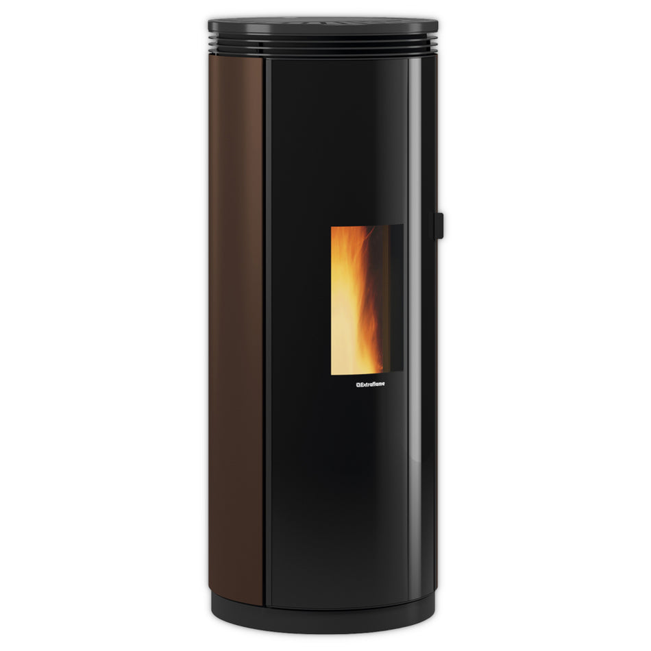 Extraflame beluefteter Pelletofen PAMELA STEEL in Bronze-Schwarz mit Seitenpanel und schmalem Sichtfenster | Klimaworld.com