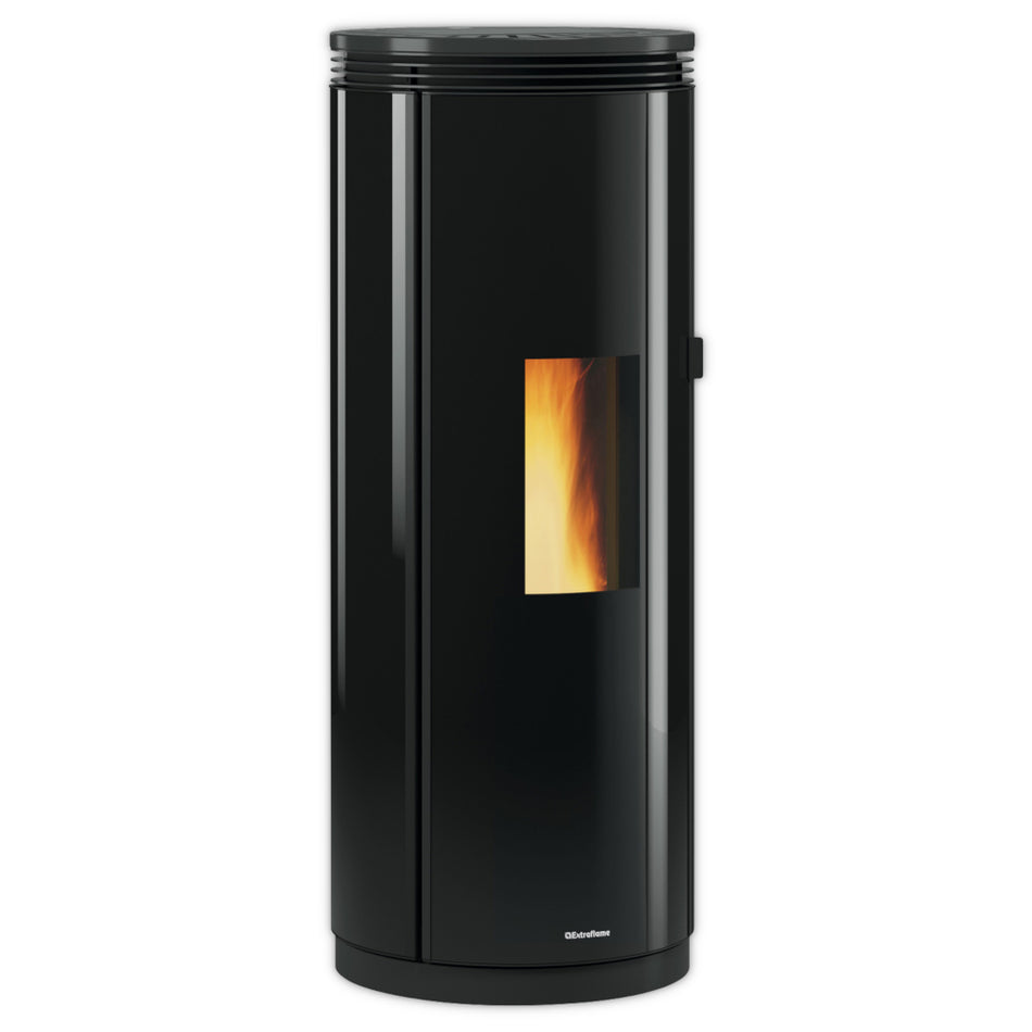 runder Extraflame beluefteter Pelletofen PAMELA CRYSTAL in Glas-Schwarz mit Seitenpanel und schmalem Sichtfenster | Klimaworld.com