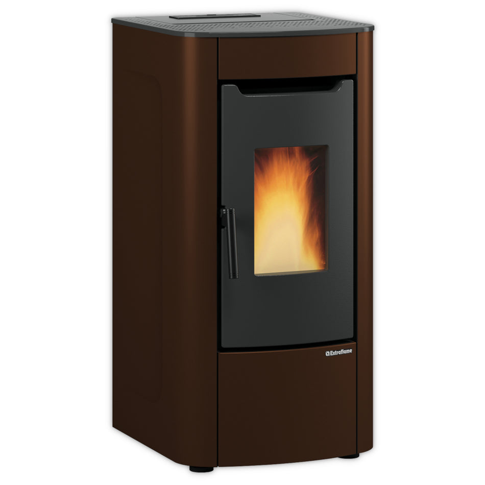 Extraflame beluefteter Pelletofen SABRY 5.0 EVO in mattem Bronze mit Sichtfenster und Flamme mit Griff, abgerundeten Seiten | Klimaworld.com
