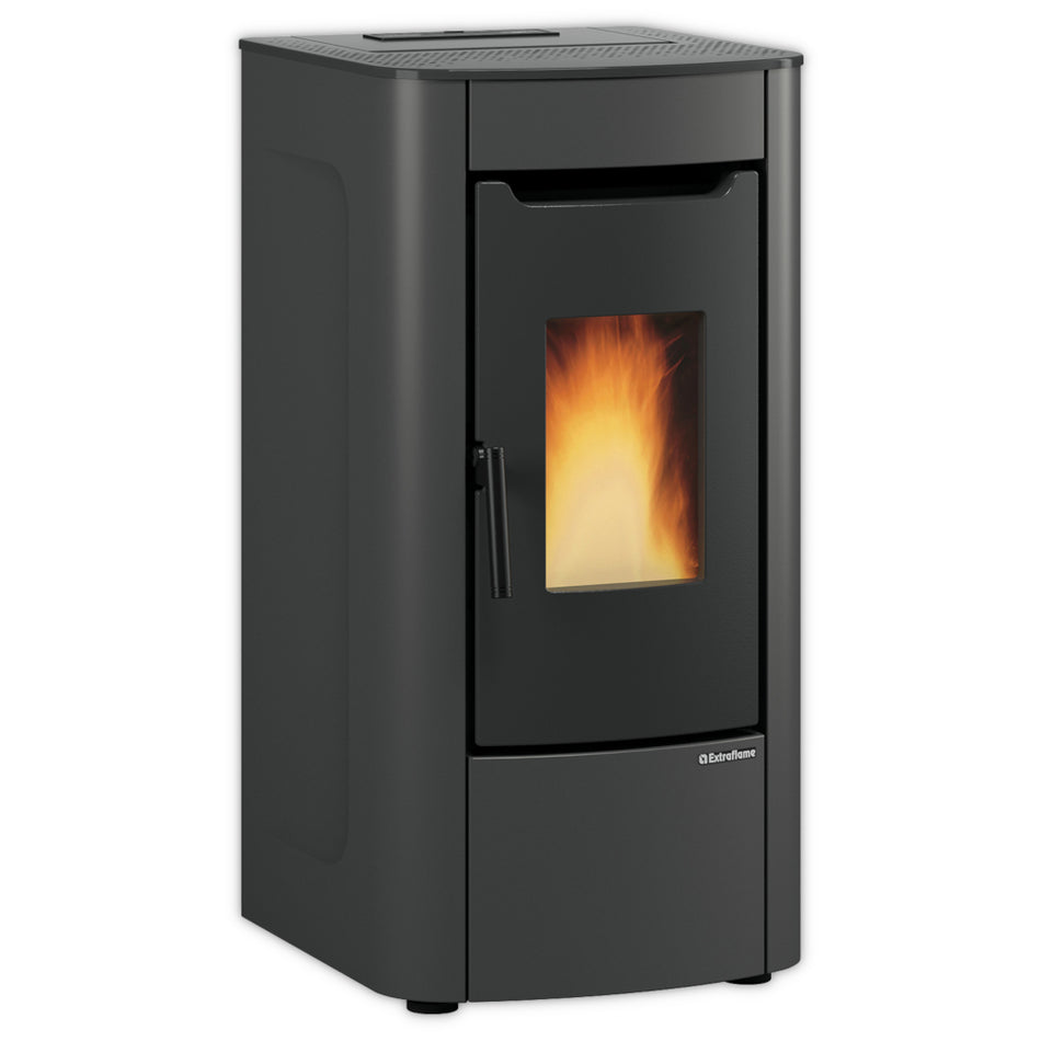 Extraflame beluefteter Pelletofen SABRY 5.0 EVO in mattem Graphitgrau mit Sichtfenster und Flamme mit Griff, abgerundeten Seiten | Klimaworld.com

