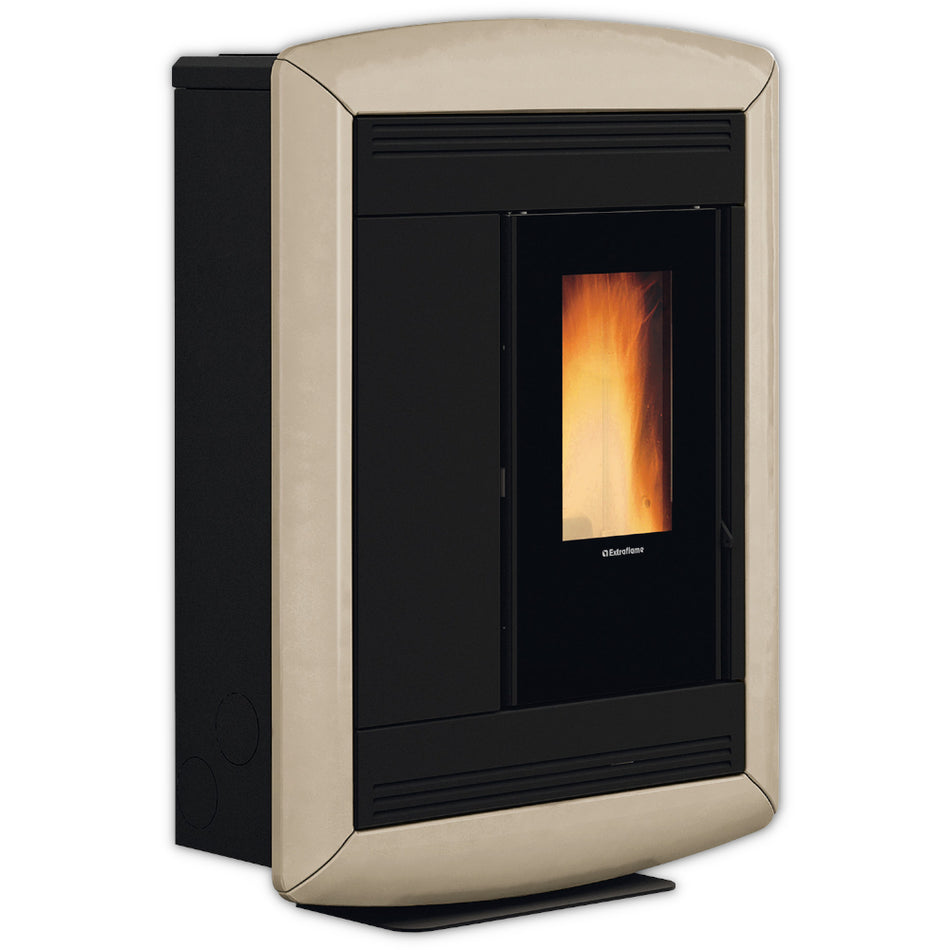 schmaler Extraflame kanalisierter Pelletofen SOUVENIR PLUS LUX 5.0 mit abgerundeter beiger Front aus Majolika, Sichtscheibe und Sockel| Klimaworld.com
