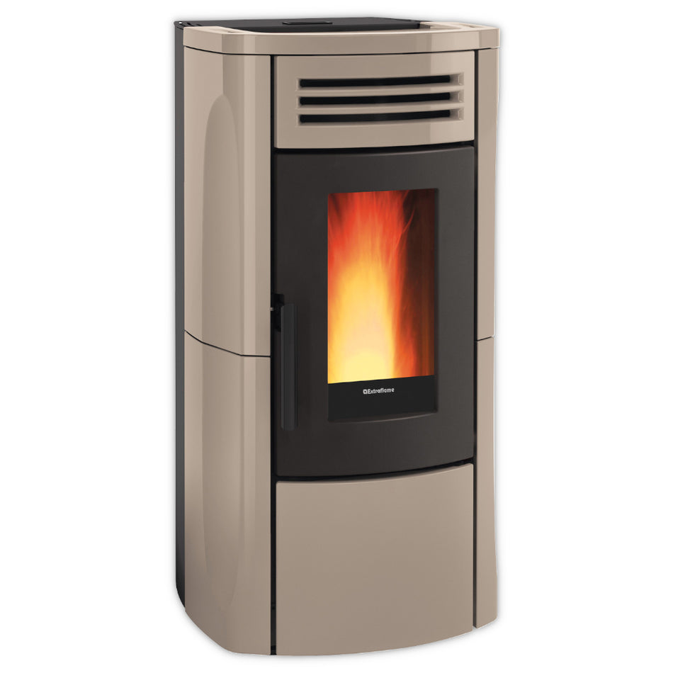 Extraflame Pelletofen TERRY PLUS in Taupe mit teilweise schwarzer Front, Sichtfenster mit Flamme und Gitter oben | Klimaworld.com