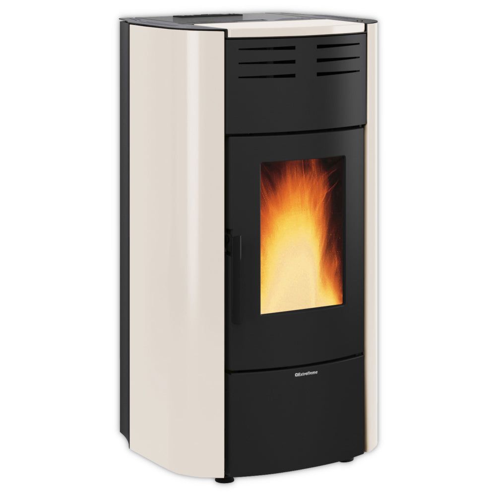 Extraflame Raffaella Idro H18 5.0.16 Pelletofen in Beige-Schwarz mit Flammensicht, abgerundete Seiten | Klimaworld.com