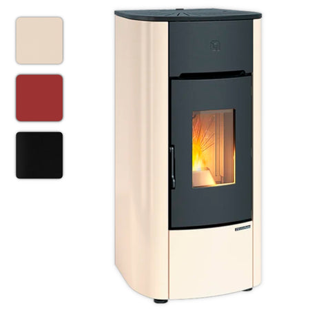 Farbwahl: Extraflame beluefteter Pelletofen MARIELLA mit abgerundeten Seiten in Creme mit schwarzer Front und Sichtfenster mit Flamme | Klimaworld.com