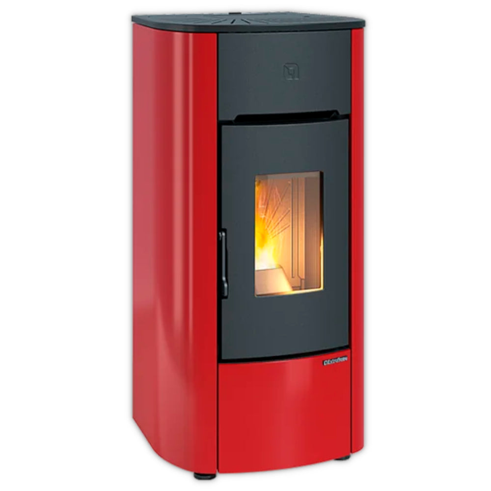 Extraflame kanalisierter Pelletofen MARIELLA PLUS in Bordeaux mit schwarzer Front, Sichtfenster und sichtbarer Flamme, abgerundete Seiten | Klimaworld.com