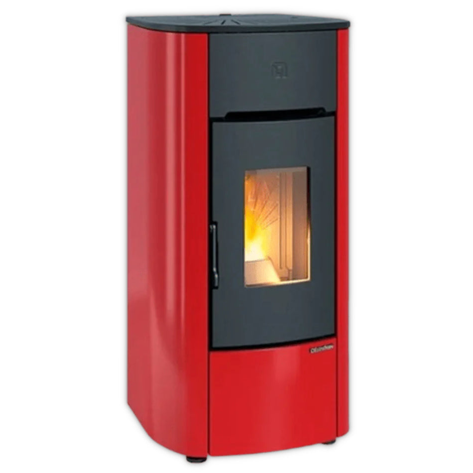 Extraflame beluefteter Pelletofen ANGELICA EVO in Bordeaux mit schwarzer Front, Sichtfenster mit Flamme, abgerundete Seiten, Lueftungsschlitze oben | Klimaworld.com