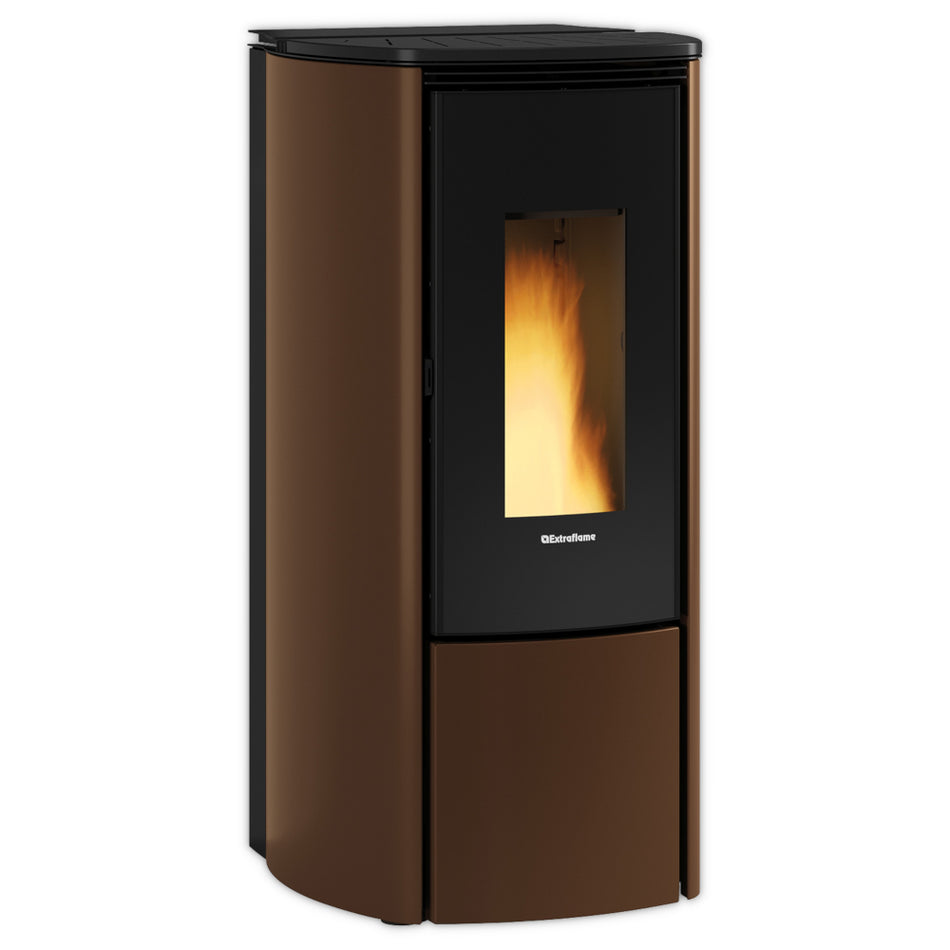Extraflame beluefteter Pelletofen KATIA 9 5.0 EVO in Bronze mit schwarzer Glasfront und sichtbarer Flamme, abgerundeten Seiten | Klimaworld.com