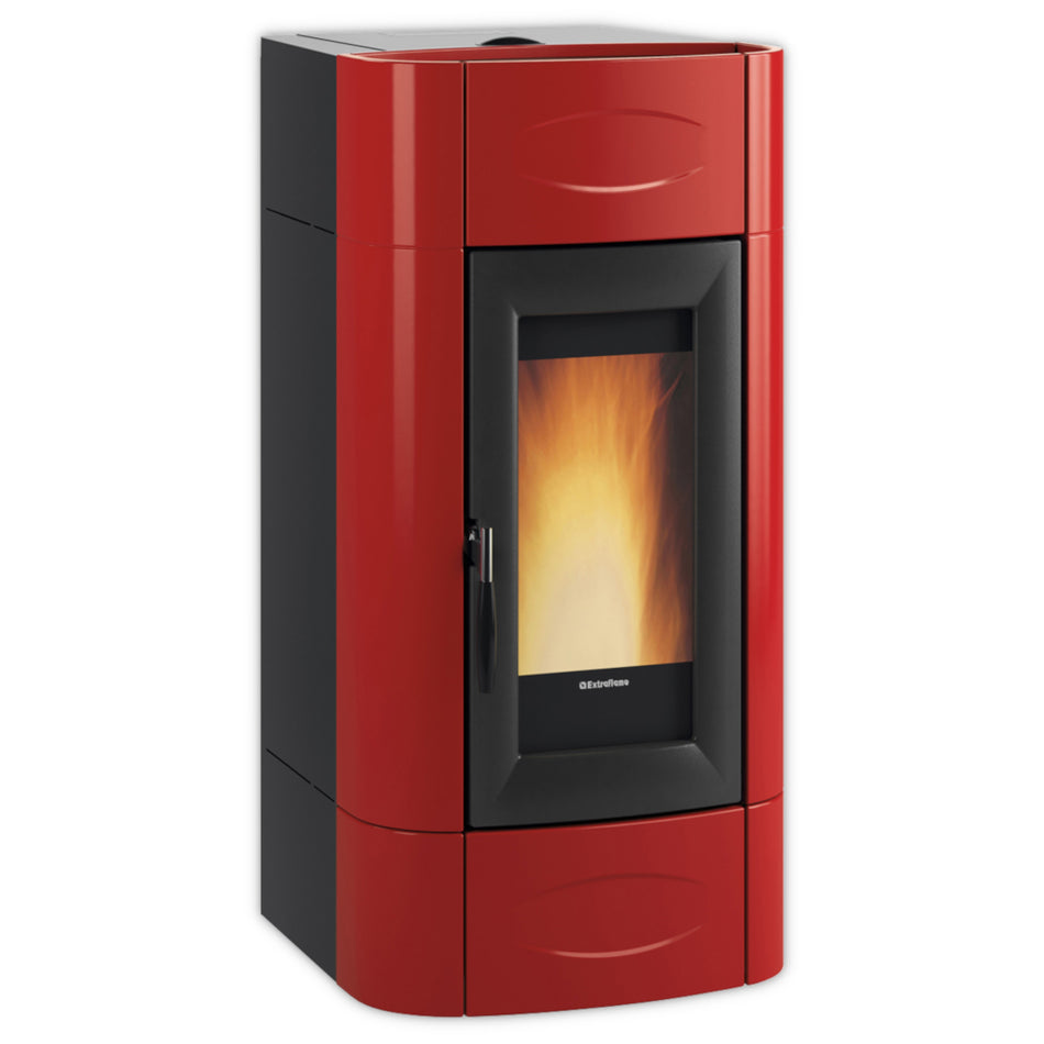 Extraflame ISIDORA IDRO H23 EVO Pelletofen in Bordeaux mit grosser Sichtscheibe und Flamme, verziertes Majolika | Klimaworld.com