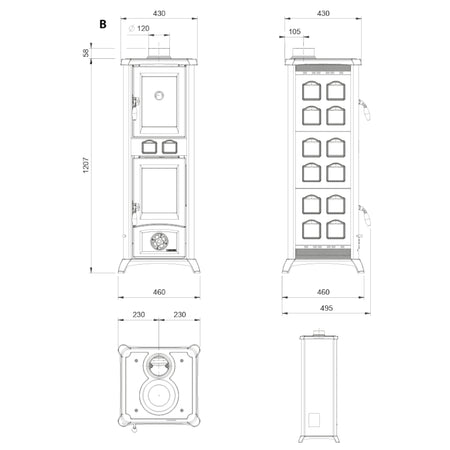 La Nordica Kaminofen Holzofen GEMMA FORNO.16 CERAMICA Masszeichnung | Klimaworld.com