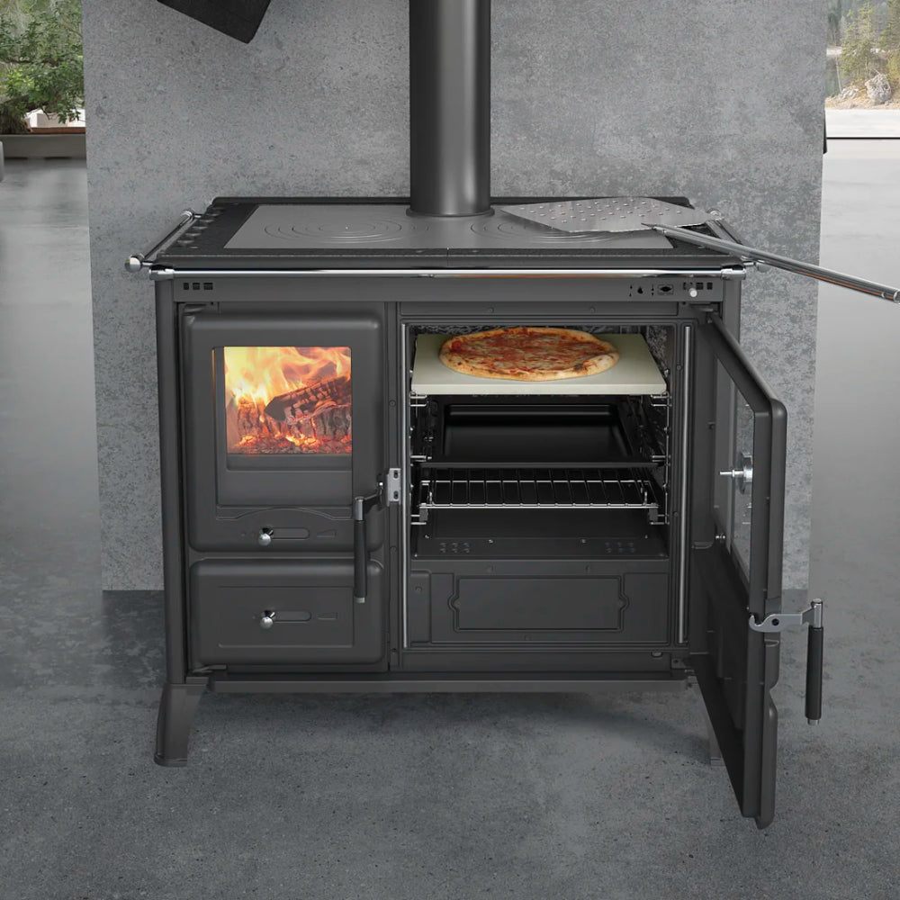 La Nordica Holzherd GARDENIA XXL STEEL mit offenem Backofen, Pizza auf Stein, sichtbares Feuer | Klimaworld.com