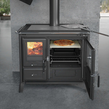 La Nordica Holzherd GARDENIA XXL PETRA mit offenem Backofen, Pizza auf Stein, sichtbares Feuer | Klimaworld.com