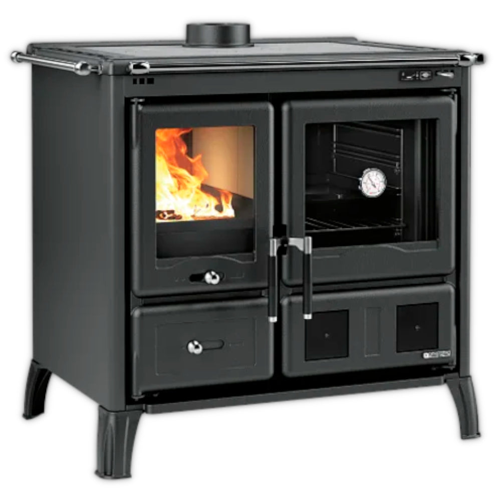 La Nordica Kuechenofen GARDENIA.16 STEEL mit Stahl-Korpus, Steinseiten, Feuer links und Backraum rechts | Klimaworld.com