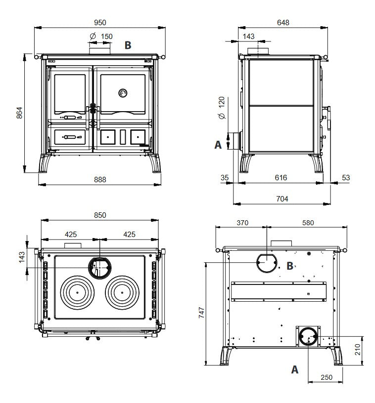 La Nordica Kuechenofen GARDENIA.16 STEEL technische Zeichnung mit Ansichten und Massangaben | Klimaworld.com