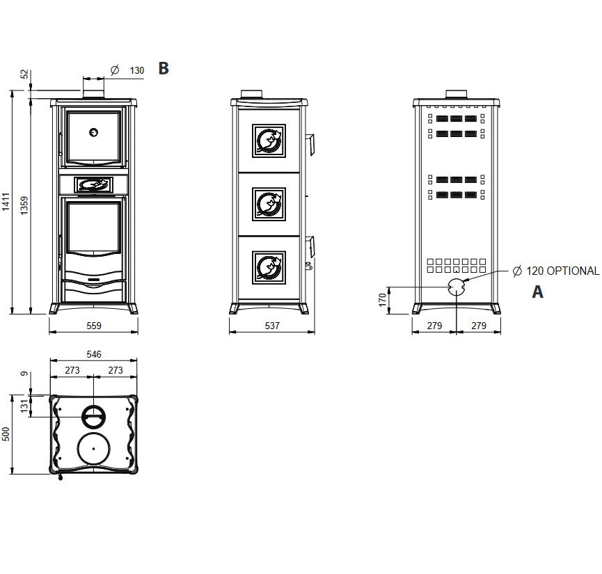 Rossella Plus Forno.16 Ceramica als technische Zeichnung mit Vorder-, Seiten- und Rueckansicht sowie Massenangaben | Klimaworld.com