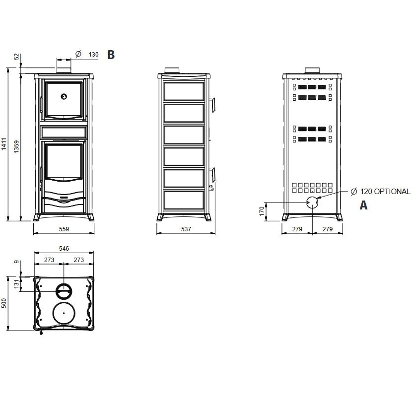 Rossella Plus Forno.16 Ceramica als technische Zeichnung mit Vorder-, Seiten- und Rueckansicht sowie Massenangaben | Klimaworld.com