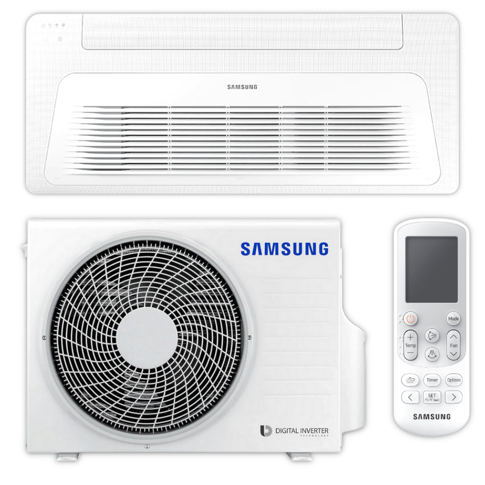 Samsung Klimaanlage Set WindFree bestehend aus flachem Deckengeraet, Aussengeraet mit Luefter und weisser Fernbedienung | Klimaworld.com