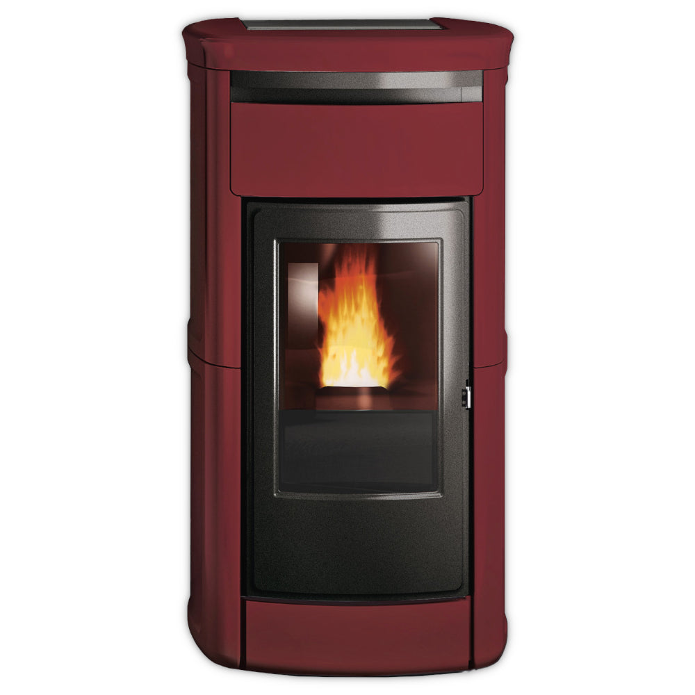 Wassergefuehrter Pelletofen Kira H 23 Evo von Edilkamin mit bordeaux Keramikverkleidung, Front | klimaworld.com