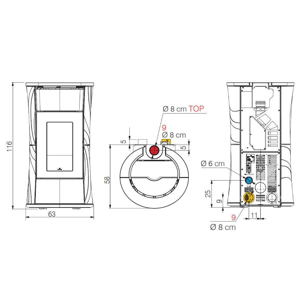 Technische Zeichnung Cherie 9+ Evo Top mit Massangaben, Rauchauslass oben sichtbar | klimaworld.com