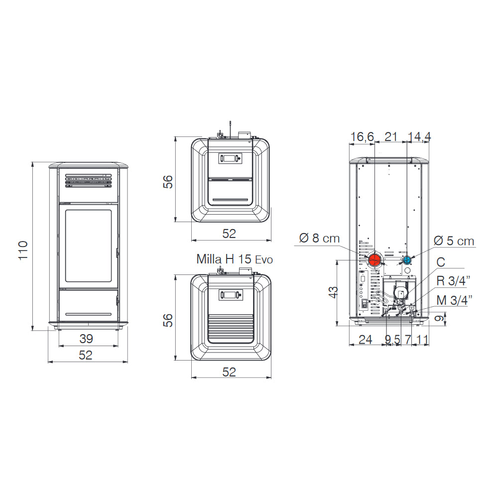 Edilkamin wasserführender Pelletofen MILLA H 12 EVO Masszeichnung | Klimaworld.com